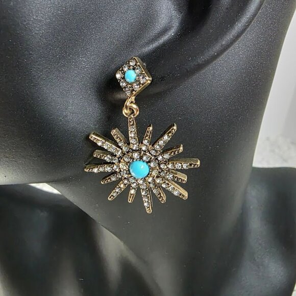 Adornia 14K Yellow Gold Plated Turquoise Swarovski Crystal Accented Starbursts - Picture 3 of 5
